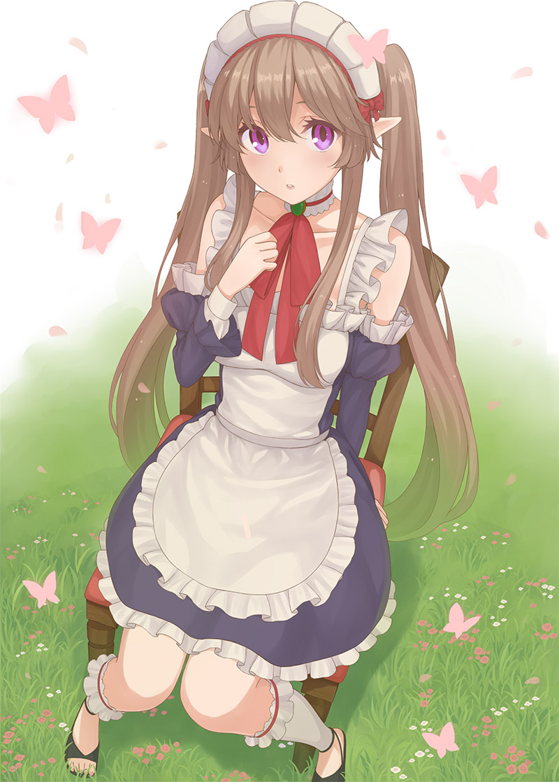 1girl apron blush breasts brown_hair butterfly chair commentary_request day detached_sleeves dress elf frills grass long_hair looking_at_viewer maid maid_headdress myucel_foalan nananichi outbreak_company outdoors pointy_ears ribbon sitting solo twintails very_long_hair violet_eyes white_legwear