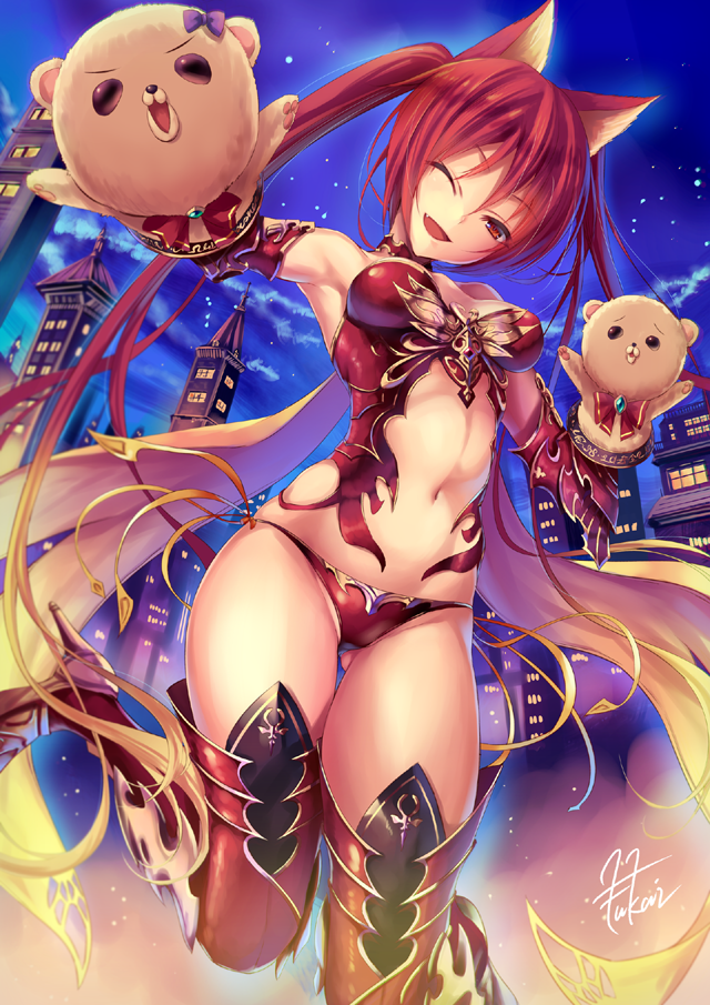 1girl ;d animal_ears armor bikini_armor boots bow bowtie breasts breasts_apart building cape cerberus_(shingeki_no_bahamut) choker city dog_ears fukai_ryousuke gauntlets gloves gluteal_fold granblue_fantasy long_hair midriff navel night night_sky one_eye_closed one_leg_raised open_mouth red_eyes redhead shingeki_no_bahamut short_hair sky smile solo standing standing_on_one_leg star_(sky) starry_sky thigh-highs thigh_boots twintails