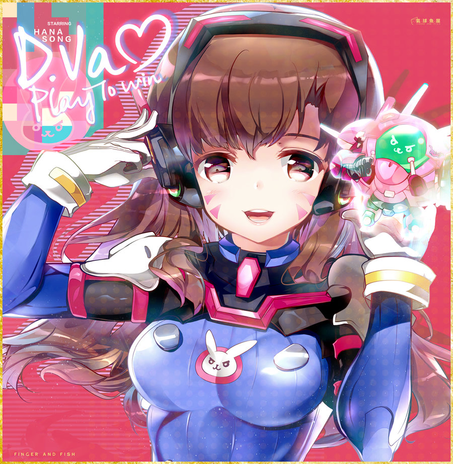 1girl animal_print bangs bodysuit bracer breasts brown_eyes brown_hair bunny_print character_name cuffs d.va_(overwatch) english facepaint facial_mark gloves glowing hand_on_headphones headphones heco_(mama) high_collar holding long_hair looking_at_viewer mecha medium_breasts meka_(overwatch) model open_mouth overwatch pilot_suit red_background ribbed_bodysuit shoulder_pads signature skin_tight smile solo swept_bangs upper_body whisker_markings white_gloves yellow_eyes