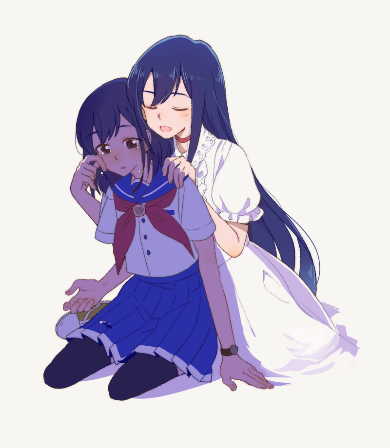 2girls black_legwear blue_hair blue_skirt choker closed_eyes comforting dress flip_flappers frilled_dress frills hand_on_another's_shoulder keiya kokomine_cocona long_hair mimi_(flip_flappers) mother_and_daughter multiple_girls neckerchief open_mouth pleated_skirt puffy_short_sleeves puffy_sleeves red_neckerchief school_uniform short_hair short_sleeves simple_background sitting skirt smile spoilers tears thigh-highs watch watch white_dress