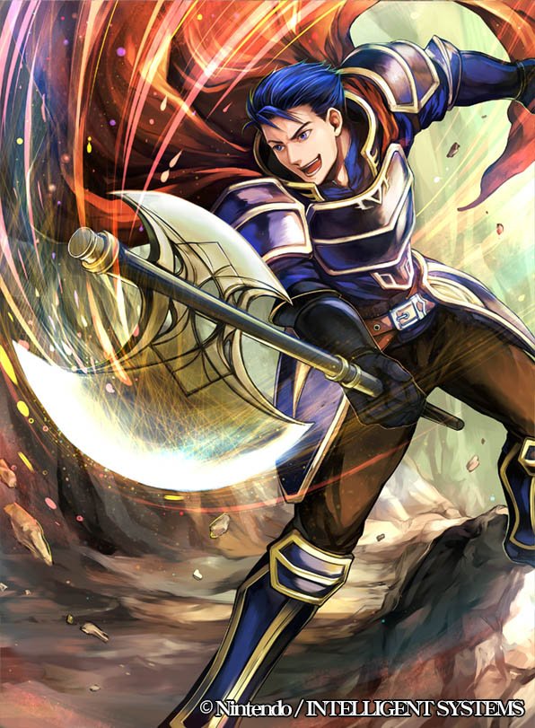 1boy armor axe blue_eyes blue_hair cape company_connection copyright_name fire_emblem fire_emblem:_rekka_no_ken fire_emblem_cipher gauntlets hector_(fire_emblem) holding holding_weapon male_focus matching_hair/eyes open_mouth smile solo spaulders wada_sachiko weapon