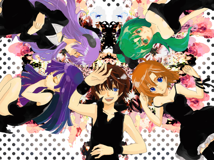 00s 1boy 4girls akita_komachi akita_komachi_(midgard) dress furude_rika hanyuu higurashi_no_naku_koro_ni horiguchi_yukiko horns houjou_satoko long_hair maebara_keiichi multiple_girls ryuuguu_rena short_hair sonozaki_mion