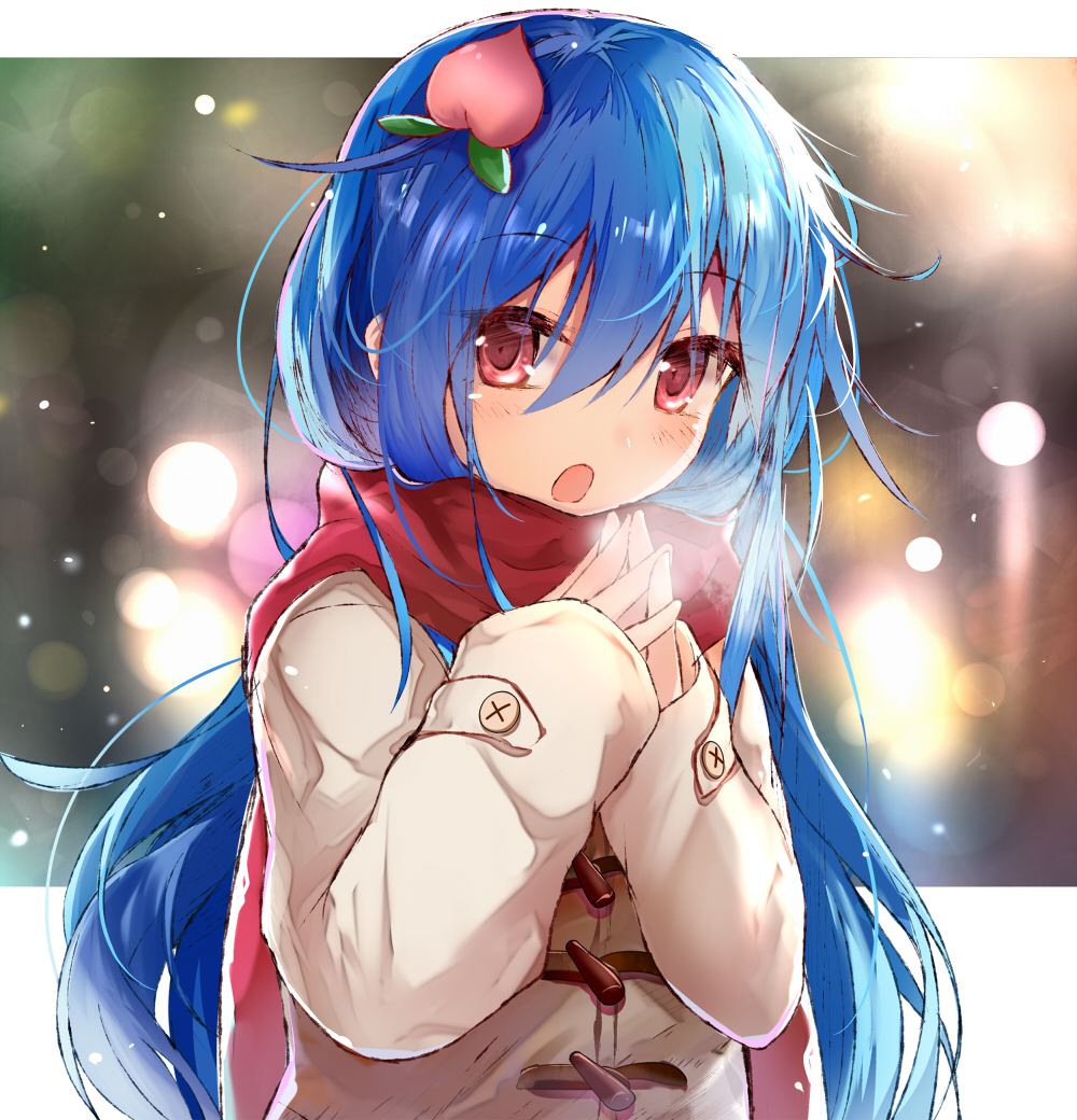 1girl :o blue_hair blurry bokeh breath coat commentary_request depth_of_field efe eyebrows_visible_through_hair food fruit hair_between_eyes hair_ornament hinanawi_tenshi interlocked_fingers long_sleeves looking_at_viewer open_mouth outside_border peach red_eyes red_scarf scarf solo touhou w_arms