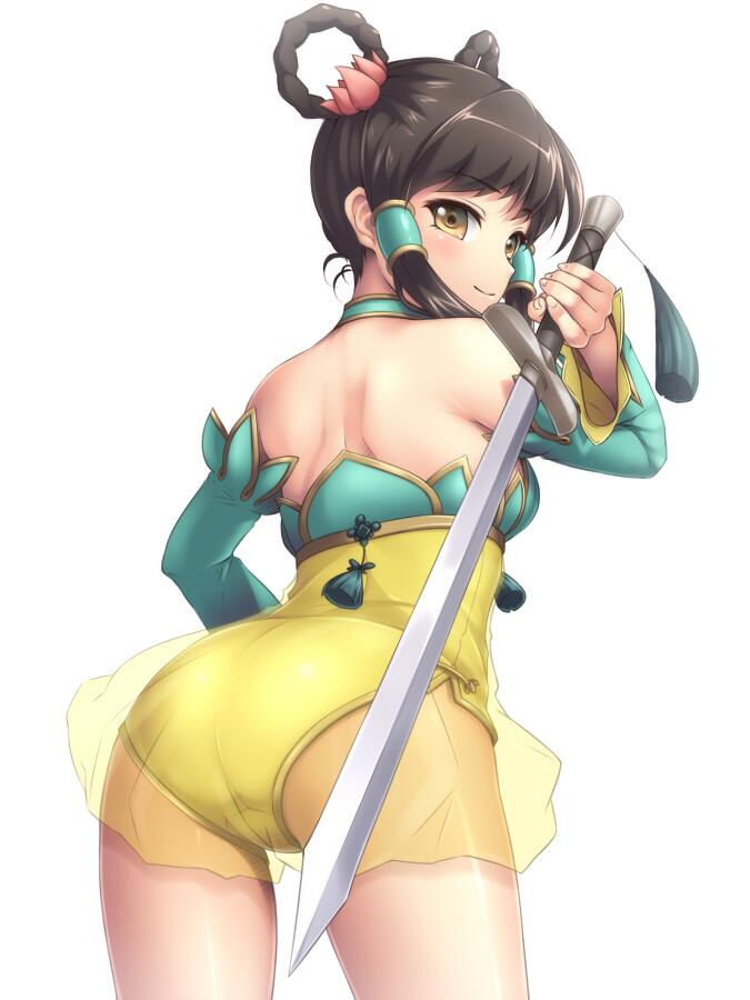 1girl back bare_shoulders black_hair brown_eyes cowboy_shot detached_sleeves from_behind hair_ornament hair_rings hair_tubes holding holding_sword holding_weapon looking_at_viewer looking_back mochi.f shoulder_blades simple_background smile solo soul_calibur soulcalibur sword weapon white_background yan_leixia