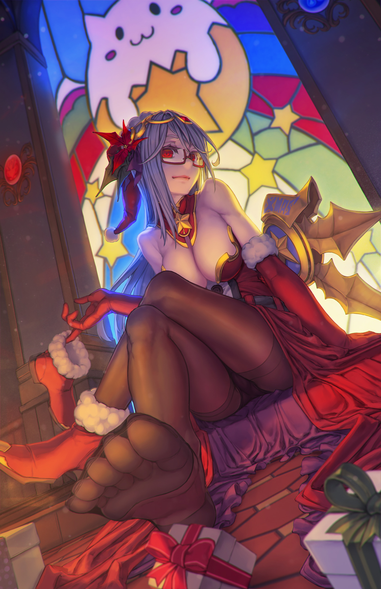 1girl arm_support bare_shoulders black_legwear box breasts character_request cleavage closed_mouth dress elbow_gloves feet flower fur_trim gift gift_box glasses gloves hair_flower hair_ornament highres large_breasts legs_crossed long_hair looking_at_viewer pale_skin panties panties_under_pantyhose pantyhose puzzle_&amp;_dragons red-framed_eyewear red_dress red_eyes red_gloves red_shoes ringed_eyes rotix santa_costume semi-rimless_glasses shoes shoes_removed silver_hair single_shoe sitting soles solo stained_glass tamadra thighband_pantyhose toes under-rim_glasses underwear urd_(p&amp;d)