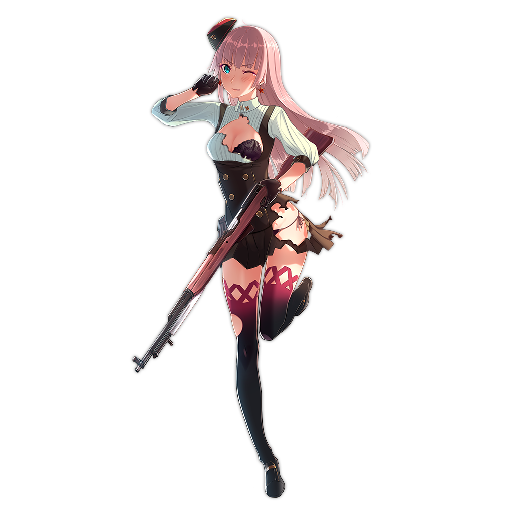1girl bayonet black_bra black_legwear black_panties black_shoes blue_eyes blush bow bra breasts crying dress earrings eyebrows eyebrows_visible_through_hair full_body garrison_cap girls_frontline gun hair_bow hammer_and_sickle hat holding holding_gun holding_weapon jewelry left-handed long_hair looking_at_viewer medium_breasts neckerchief nose official_art one_eye_closed panties personification pink_hair shoes short_sleeves simple_background skirt sks sks_(girls_frontline) solo standing standing_on_one_leg star star_earrings string_panties thigh-highs torn_clothes torn_skirt torn_thighhighs transparent_background trigger_discipline underbust underwear weapon