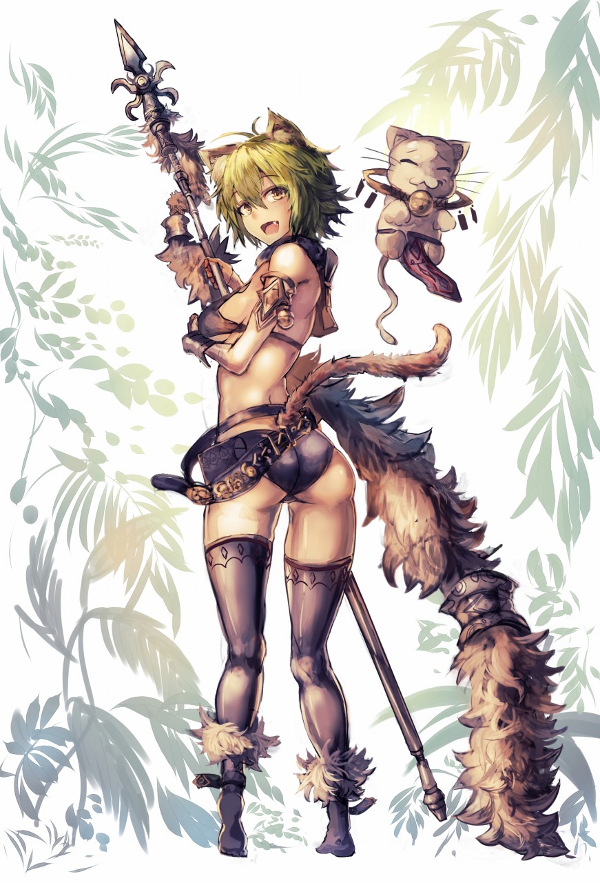 1girl :3 :d =_= animal_ears ankoku_broccoli armlet ass belt black_bikini_top black_legwear breasts brown_eyes cat_ears cat_tail closed_mouth eyebrows_visible_through_hair fang from_behind full_body green_hair hair_between_eyes head_tilt highres holding holding_weapon looking_back medium_breasts open_mouth original polearm short_hair smile spear standing tail thigh-highs weapon white_background