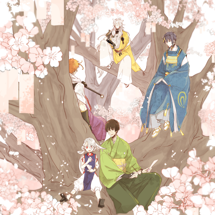 5boys beads black_hair blue_eyes brown_eyes brown_hair cherry_blossoms closed_eyes geta hakama ima-no-tsurugi in_tree ishikirimaru iwatooshi japanese_clothes kogitsunemaru male_focus matsuri_(mattun-00) mikazuki_munechika multiple_boys open_mouth orange_hair petals red_eyes sayagata sitting smile tanzaku tengu-geta touken_ranbu tree white_hair