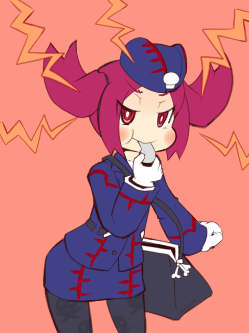 1girl blue_hat blush_stickers duel_monster eyebrows garoudo_(kadouhan'i) gloves hat pink_background purse red_eyebrows red_eyes redhead skull strap tour_guide_from_the_underworld twintails uniform whistle white_gloves yu-gi-oh!
