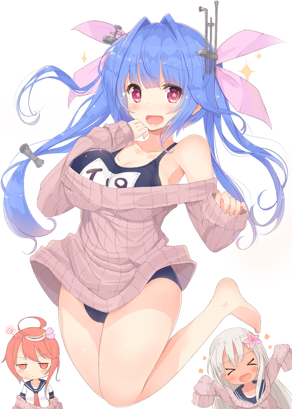 3girls barefoot blue_hair breast_envy fang hair_ribbon highres i-19_(kantai_collection) i-58_(kantai_collection) kagerou_(shadowmage) kantai_collection long_hair multiple_girls name_tag one-piece_swimsuit red_eyes ribbed_sweater ribbon ro-500_(kantai_collection) sailor_collar school_swimsuit solo_focus star star-shaped_pupils sweater swimsuit swimsuit_under_clothes symbol-shaped_pupils tri_tails twintails