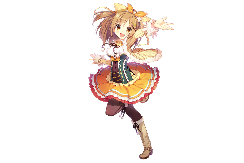 1girl boots brown_eyes brown_hair coat detached_sleeves flower_knight_girl frills full_body fur_trim knee_boots leg_up long_hair looking_at_viewer oncidium_(flower_knight_girl) open_mouth pantyhose skirt smile solo standing sugimeno transparent_background