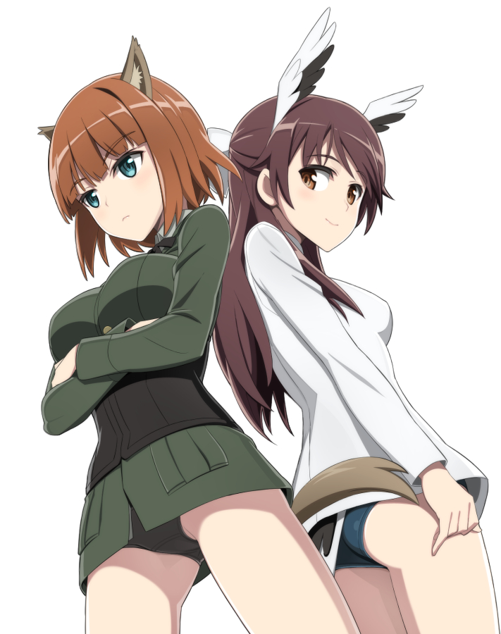 2girls animal_ears ass back-to-back black_panties blue_eyes blush brave_witches breasts brown_eyes brown_hair crossed_arms from_below gundula_rall karibuchi_takami long_hair long_sleeves looking_back military military_uniform multiple_girls nanashino panties short_hair smile swimsuit swimsuit_under_clothes tail underwear uniform world_witches_series