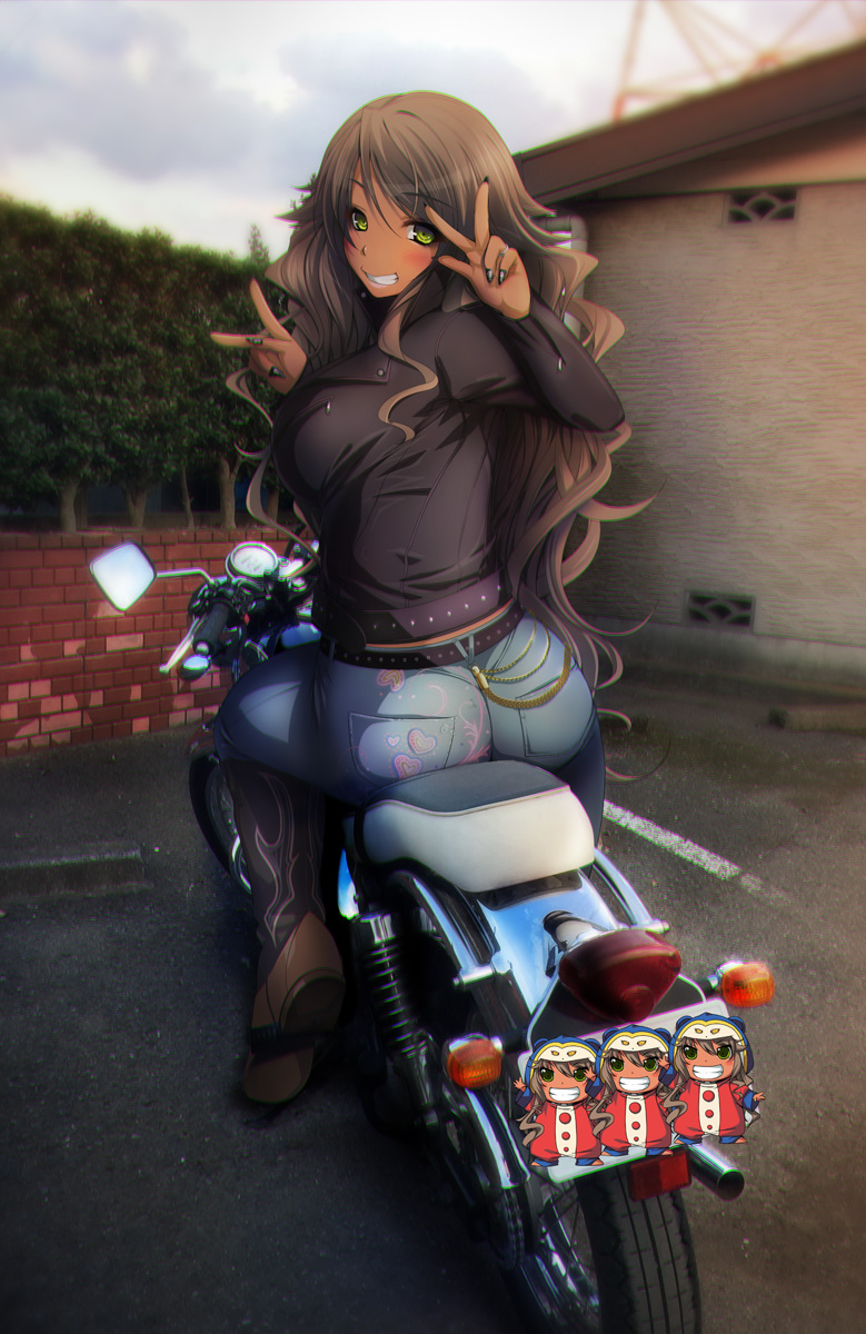 1girl ass blush breasts brown_hair dark_skin denim double_v green_eyes grin ground_vehicle highres ishii_akira jeans kogal large_breasts long_hair looking_at_viewer looking_back motor_vehicle motorcycle original pants photo_background smile solo twisted_torso v