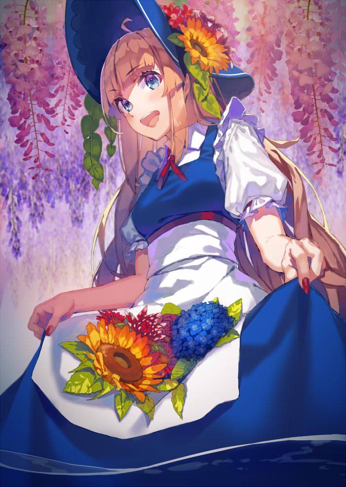 1girl :d ahoge apron bangs blonde_hair blue_dress blue_eyes blunt_bangs collared_shirt dahlia dress fingernails flower frilled_shirt frilled_sleeves frills from_below hair_between_eyes hat hat_flower hydrangea ivy leaf long_fingernails long_hair looking_at_viewer nail_polish neck_ribbon open_mouth original plant puffy_short_sleeves puffy_sleeves red_flower red_nails red_ribbon ribbon shadow shirt short_sleeves skirt_basket smile solo sun_hat sunflower teeth waist_apron white_shirt wisteria yasumo_(kuusouorbital)