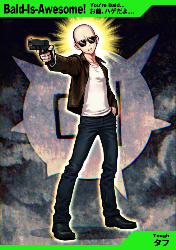 1boy aura bald black_footwear blue_pants brown_jacket clenched_teeth collared_jacket dark_background denim e.g.o_(project_moon) employee_(lobotomy_corporation) frown full_body gun hand_in_pocket handgun holding holding_gun holding_weapon jacket jeans lobotomy_corporation meimaru_inuchiyo open_mouth pants project_moon shadow shirt shoes spotlight sunglasses teeth weapon white_shirt you're_bald_(lobotomy_corporation)