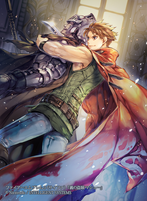 2boys armor brown_eyes brown_hair cape company_connection copyright_name fire_emblem fire_emblem:_rekka_no_ken fire_emblem_cipher helmet holding holding_knife itou_misei knife knife_to_throat male_focus matthew multiple_boys polearm restrained smile solo_focus spear weapon
