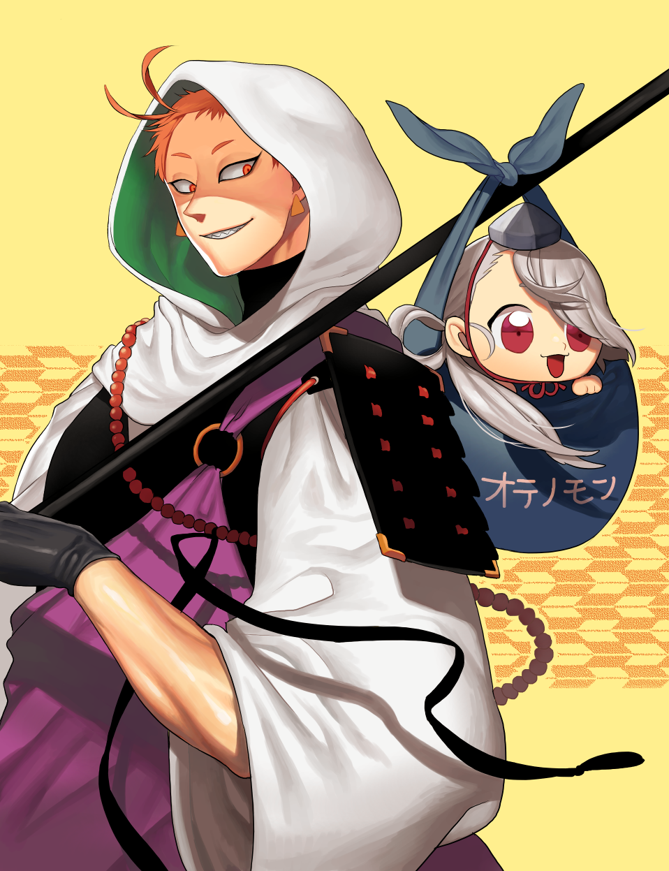 2boys :3 :d armor bead_necklace beads black_gloves chibi earrings gloves grin hair_over_one_eye highres hood ima-no-tsurugi iwatooshi japanese_armor jewelry kote looking_at_another looking_back male_focus monk multiple_boys necklace open_mouth orange_eyes orange_hair red_eyes sharp_teeth short_eyebrows smile teeth touken_ranbu upper_body wadani_hitonori yagasuri