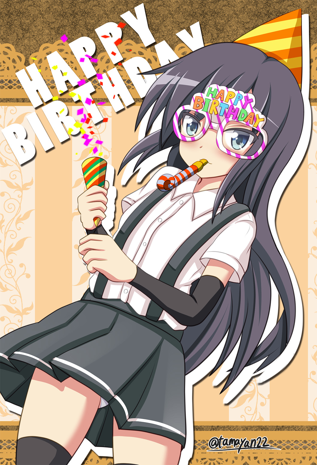 1girl arm_warmers asashio_(kantai_collection) bespectacled black_hair black_legwear blue_eyes buttons dress_shirt glasses happy_birthday hat highres kantai_collection long_hair looking_at_viewer mouth_hold panties panty_peek party_hat party_popper shirt skirt solo striped suspenders tamayan thigh-highs twitter_username underwear white_panties
