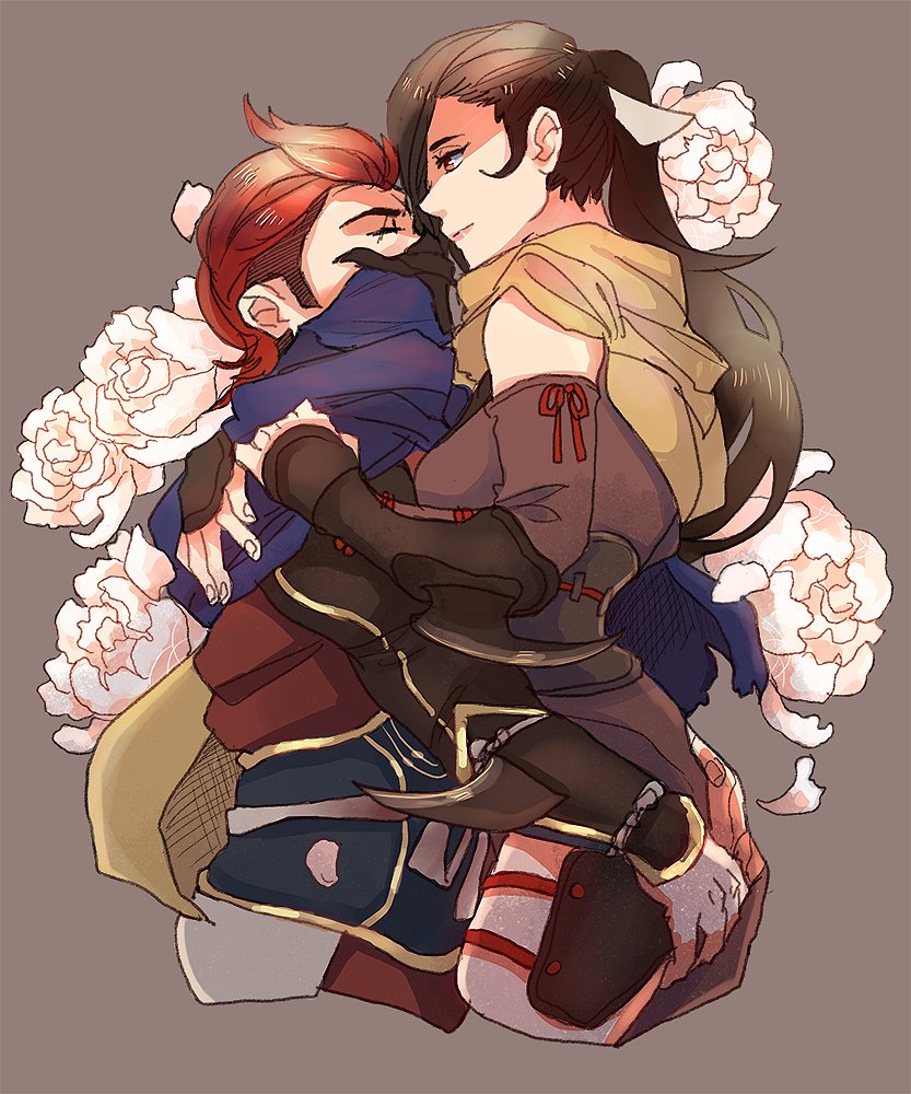 1boy 1girl arm_blade blue_cape breast_press breasts brown_hair cape detached_sleeves eye_scar facial_scar fire_emblem fire_emblem_if flower grey_background hair_over_one_eye hand_on_another's_ass hetero hug kagerou_(fire_emblem_if) lips long_hair mask one_eye_closed ponytail red_eyes redhead rose saizou_(fire_emblem_if) scar short_hair weapon white_rose yellow_cape