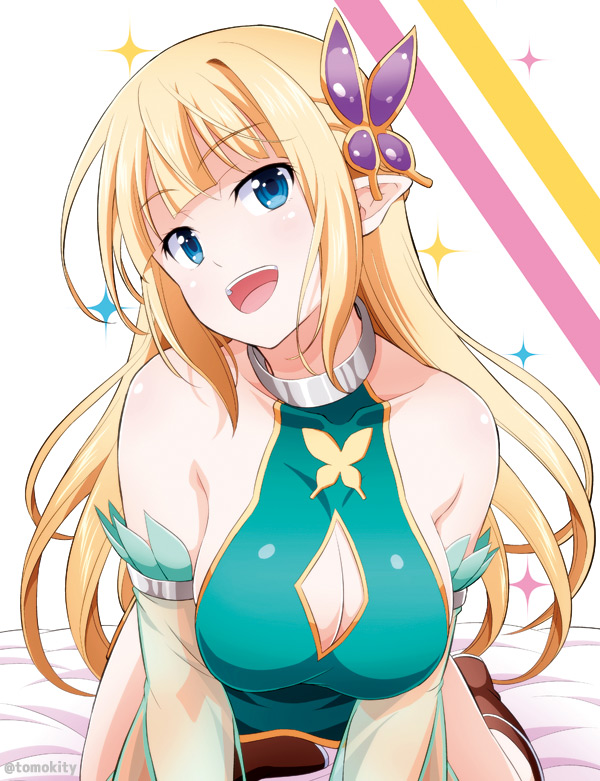 1girl :d aqua_dress bare_shoulders blonde_hair blue_eyes blush breasts butterfly butterfly_hair_ornament cleavage cleavage_cutout commentary_request cross cross_necklace detached_sleeves dress dress_lift elf eyebrows_visible_through_hair female hair_ornament head_tilt jewelry large_breasts leaning leaning_forward long_hair looking_at_viewer medium_breasts neck neck_ring open_mouth original pointy_ears round_teeth sparkle teeth tomokichi upper_body