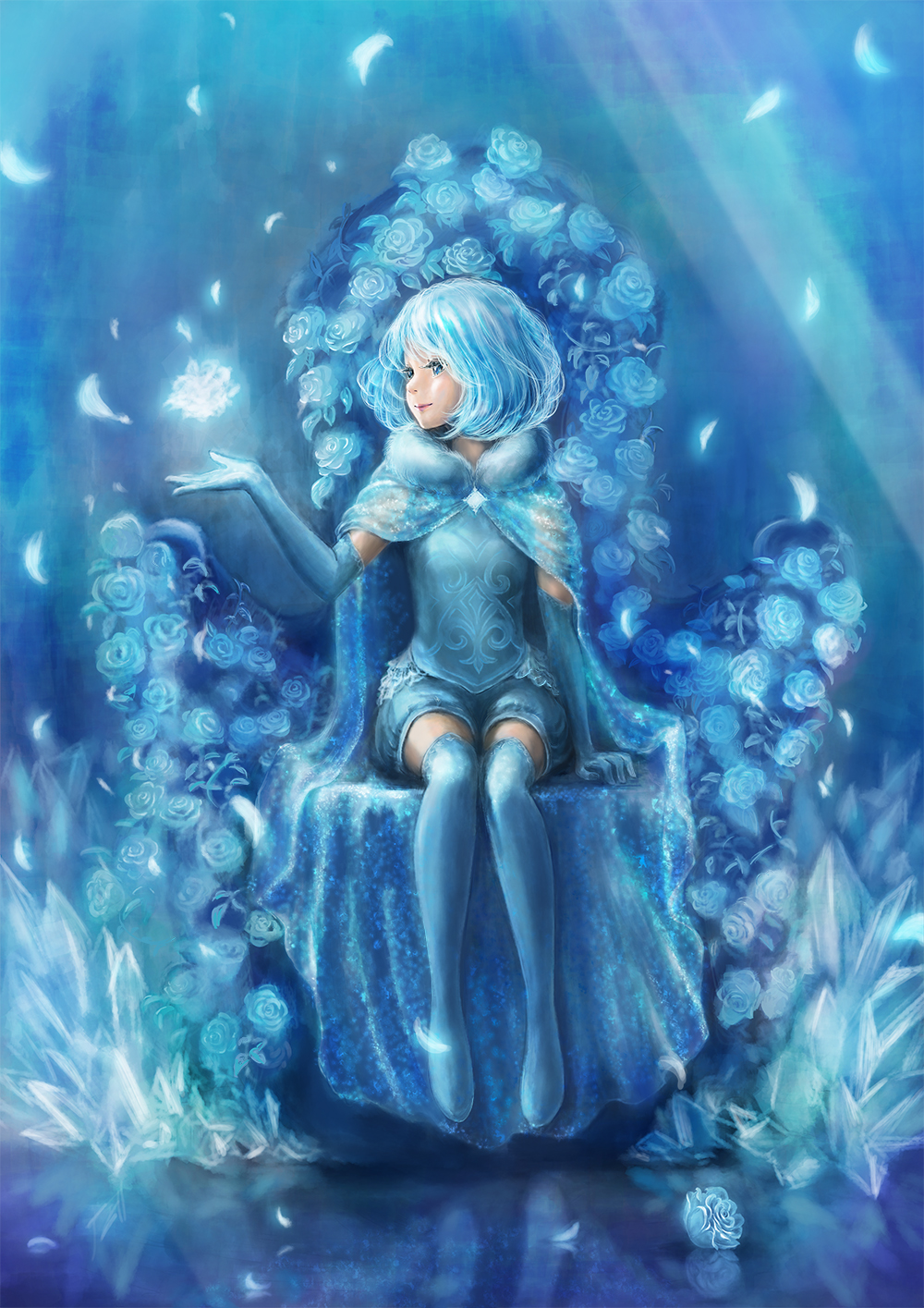 1girl blue blue_cape blue_eyes blue_gloves blue_hair blue_legwear blue_rose cape elbow_gloves flower full_body gloves highres huiyuan looking_to_the_side matching_hair/eyes original reflection rose short_hair sitting smile solo thigh-highs throne