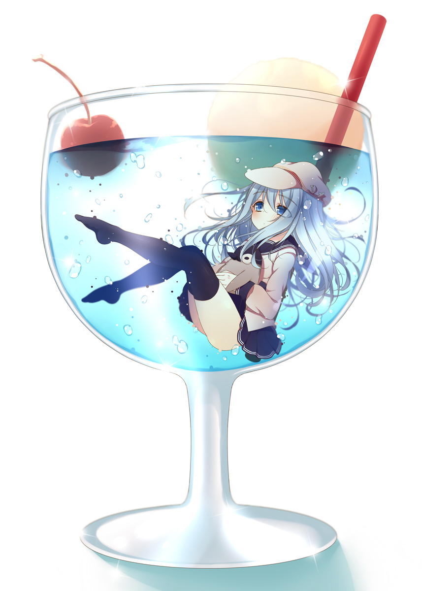 1girl anju_(meipurusanchi) black_legwear blue_eyes blush cherry cup drink failure failure_penguin food fruit hammer_and_sickle hibiki_(kantai_collection) highres in_container in_cup kantai_collection long_hair silver_hair skirt solo star straw thigh-highs underwater verniy_(kantai_collection)
