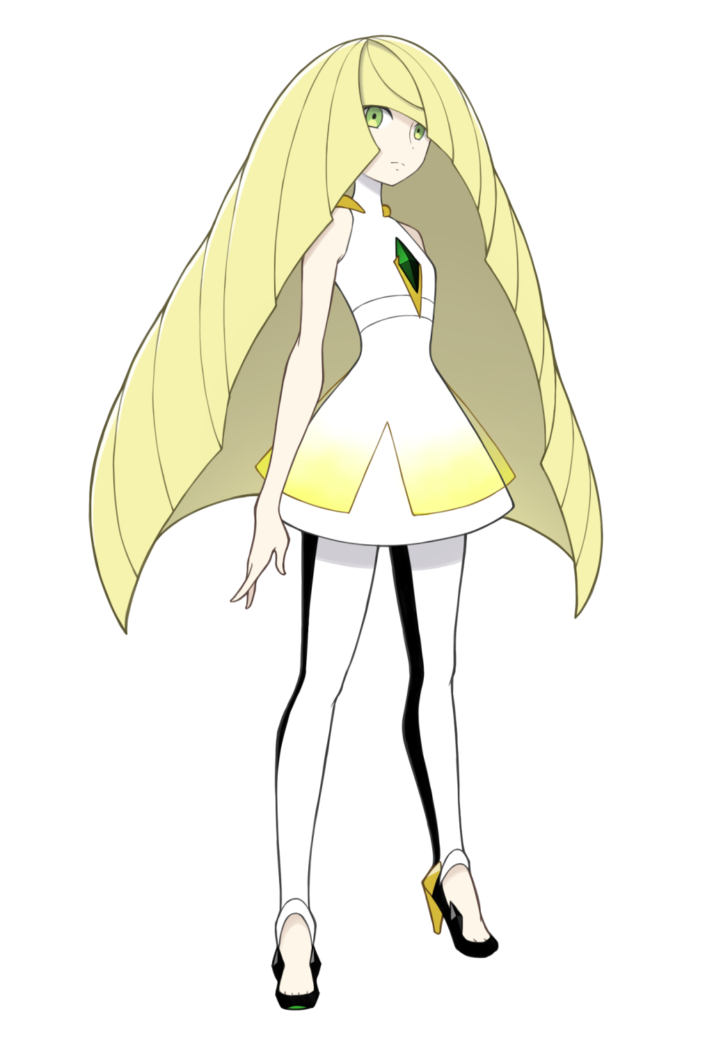1girl ataru_(pixiv6631028) bare_arms bare_shoulders blonde_hair breasts closed_mouth diamond_(shape) dress empty_eyes frown full_body gem green_eyes highres leggings long_hair looking_at_viewer lusamine_(pokemon) open_toe_shoes pokemon pokemon_(game) pokemon_sm see-through shoes simple_background sleeveless sleeveless_dress small_breasts solo standing turtleneck very_long_hair white_background white_dress