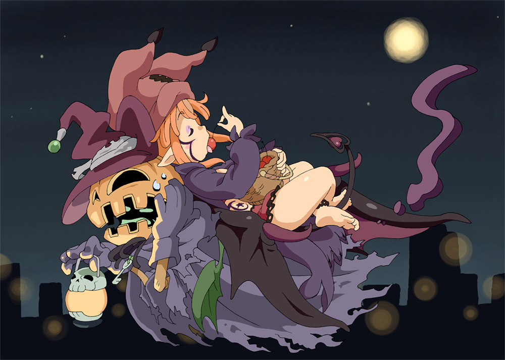 1girl anklet barefoot black_wings cloak demon_tail demon_wings duel_monster floating ghost ghostrick_lantern ghostrick_socuteboss gloves hat heart lantern long_hair moon orange_hair pointy_ears pumpkin redhead skull succubus sweat tail tattoo wings yu-gi-oh!