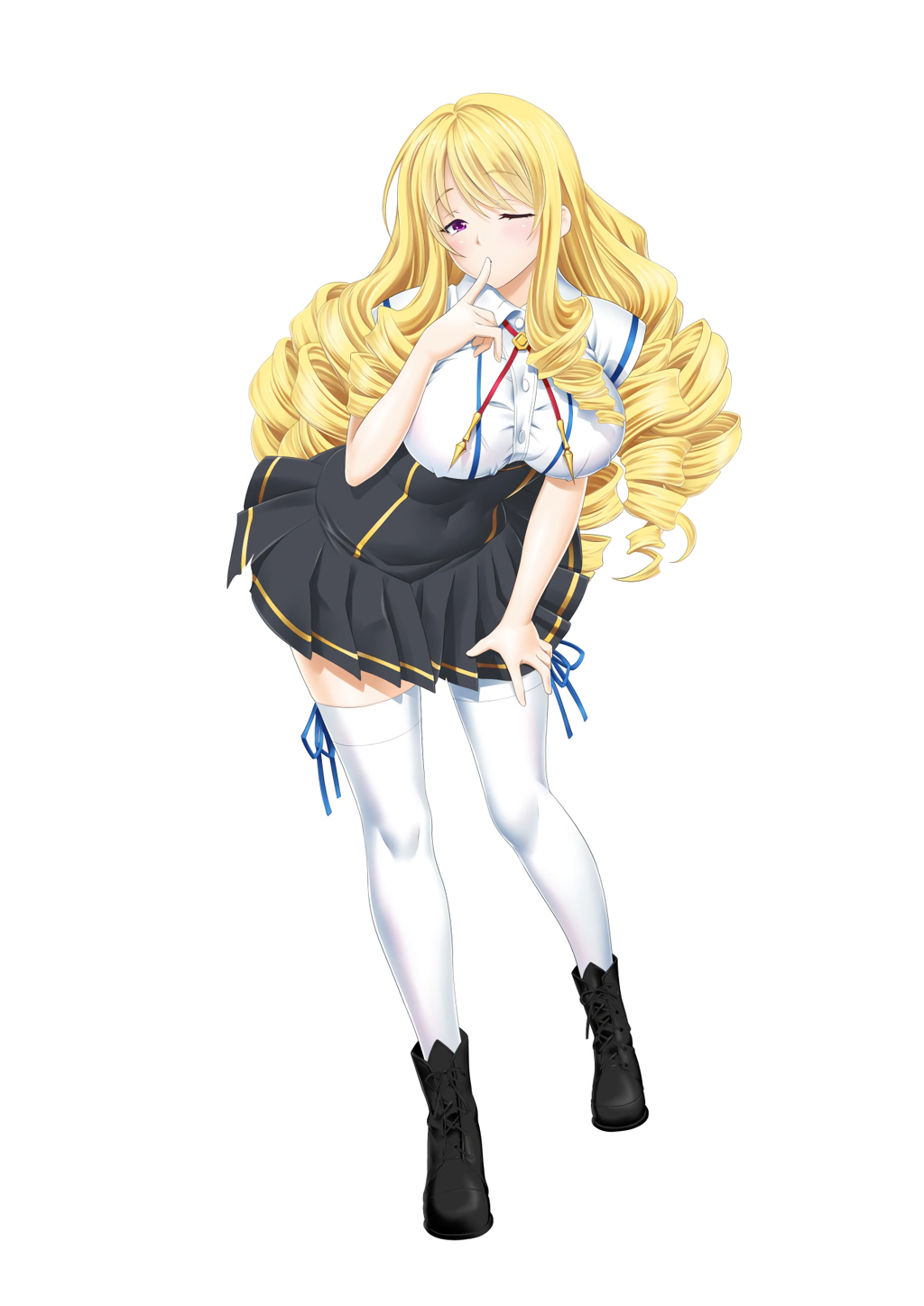 ariel_foch blonde_hair boots breasts drill_hair finger_to_mouth full_body hand_on_thigh highres kure_masahiro large_breasts long_hair looking_at_viewer official_art one_eye_closed pleated_skirt red_eyes simple_background skirt thigh-highs valkyrie_drive valkyrie_drive_-siren- white_background white_legwear
