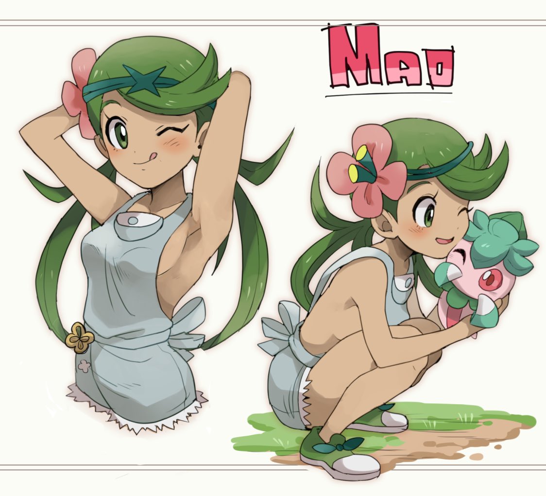 1girl apron armpits arms_behind_back breasts dark_skin denim denim_shorts flower fomantis green_eyes green_hair hair_flower hair_ornament hairband looking_at_viewer mallow_(pokemon) matching_hair/eyes multiple_views naked_apron no_bra no_undershirt pokemon pokemon_(game) pokemon_sm shorts sideboob simple_background smile squatting tied_hair tongue tongue_out twintails white_background winking yatsuharuroji