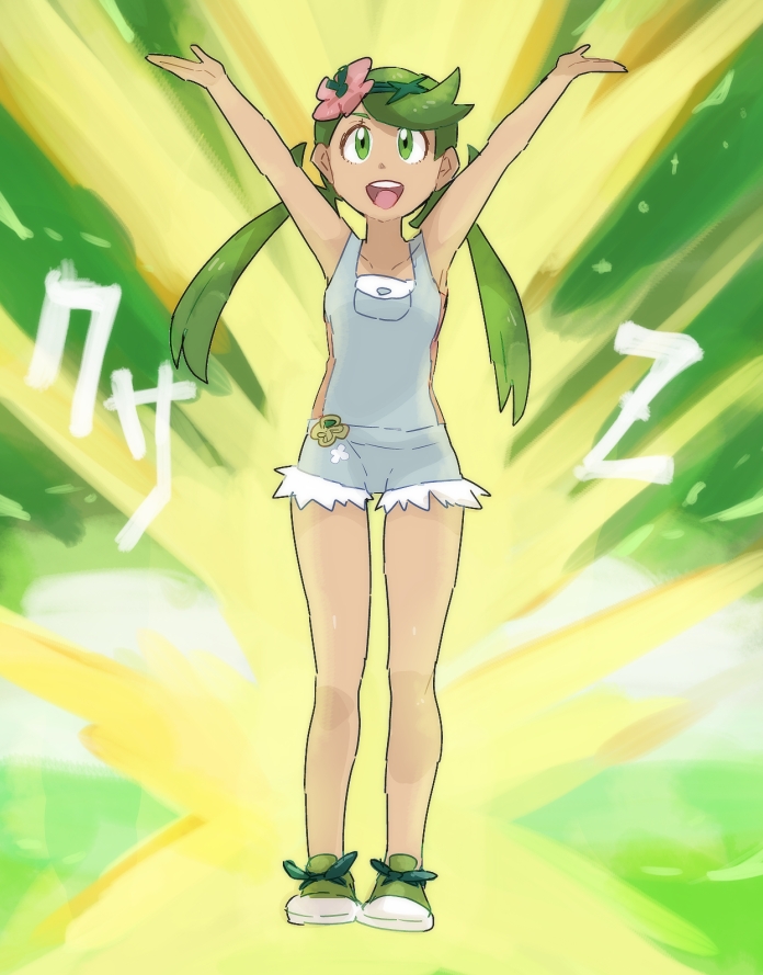 1girl :d bare_arms bare_legs chiimako collarbone dark_skin flower full_body green green_eyes green_hair green_shoes hair_flower hair_ornament headband long_hair looking_up mallow_(pokemon) matching_hair/eyes open_mouth overalls pokemon pokemon_(game) pokemon_sm shoes shorts smile solo standing teeth tied_hair tongue trial_captain twintails z-move