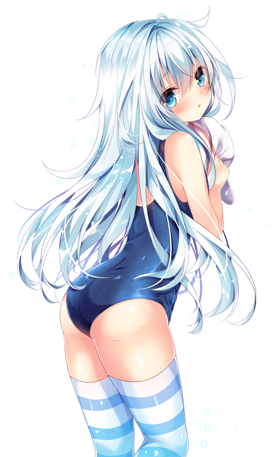 1girl alternate_costume ass blue_eyes blush flat_cap from_behind hat hat_removed headwear_removed hibiki_(kantai_collection) holding holding_hat kantai_collection long_hair looking_at_viewer looking_back nogi_takayoshi one-piece_swimsuit simple_background solo striped striped_legwear swimsuit thigh-highs verniy_(kantai_collection) white_background white_hair