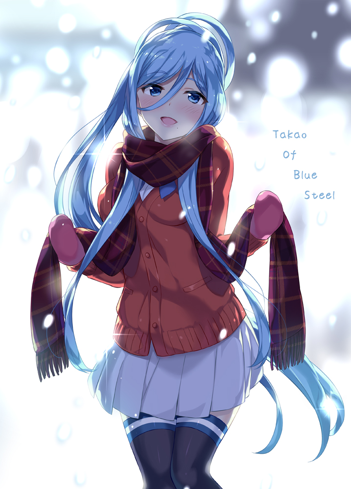 1girl :d aoki_hagane_no_arpeggio black_legwear blue_eyes blue_hair blurry blush breath cardigan character_name coat copyright_name cowboy_shot depth_of_field gloves hair_between_eyes knees_together_feet_apart long_hair long_sleeves looking_at_viewer matching_hair/eyes mittens mole mole_under_mouth mutsumi_masato open_mouth pink_gloves plaid plaid_scarf pleated_skirt ponytail scarf skirt smile solo takao_(aoki_hagane_no_arpeggio) thigh-highs very_long_hair white_skirt winter_clothes winter_coat