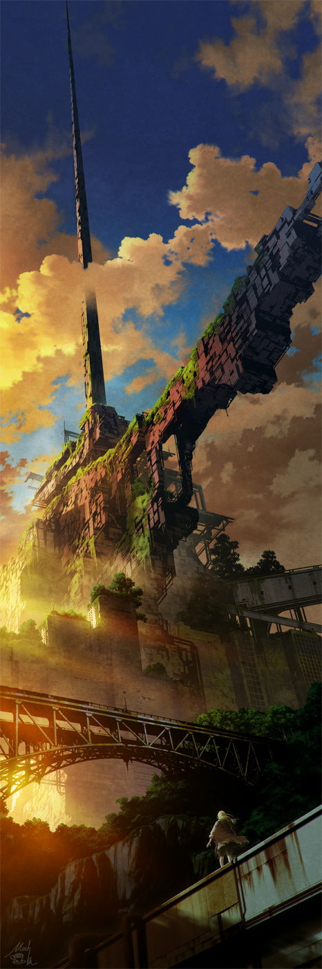 1girl blonde_hair bridge cape clouds commentary fantasy from_below highres logo long_hair original overgrown ruins scenery signature sky solo sunlight sunrise technoheart tower tree walking wind