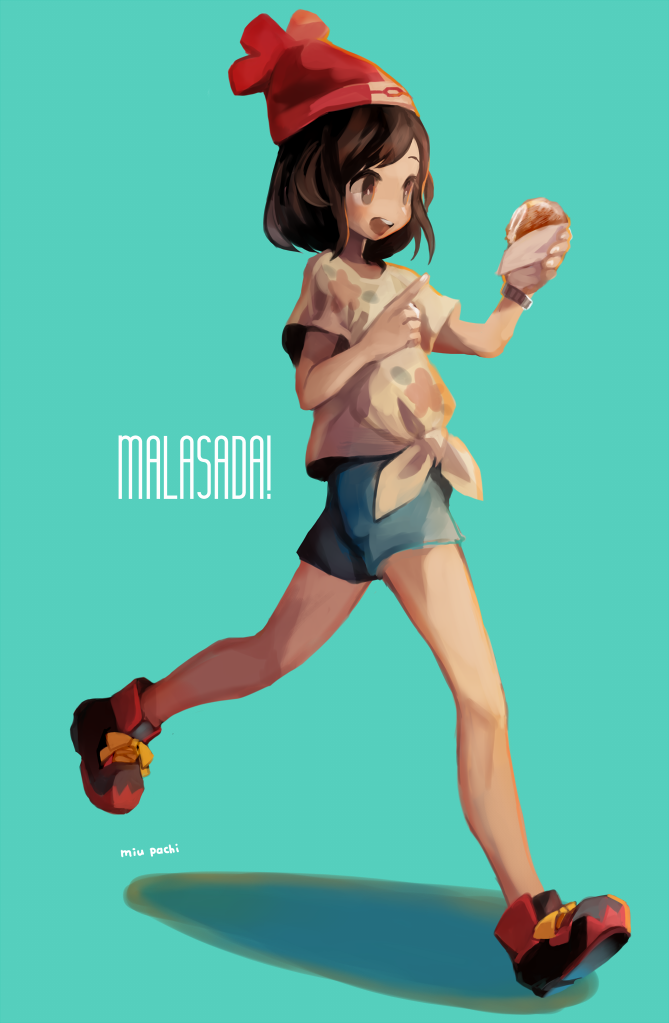 1girl artist_name bangs bare_legs beanie black_hair blue_background female_protagonist_(pokemon_sm) floral_print food hat holding holding_food miu_pachi open_mouth pointing pokemon pokemon_(game) pokemon_sm red_hat shirt shoes short_hair short_shorts shorts sneakers solo swept_bangs t-shirt tied_shirt walking z-ring