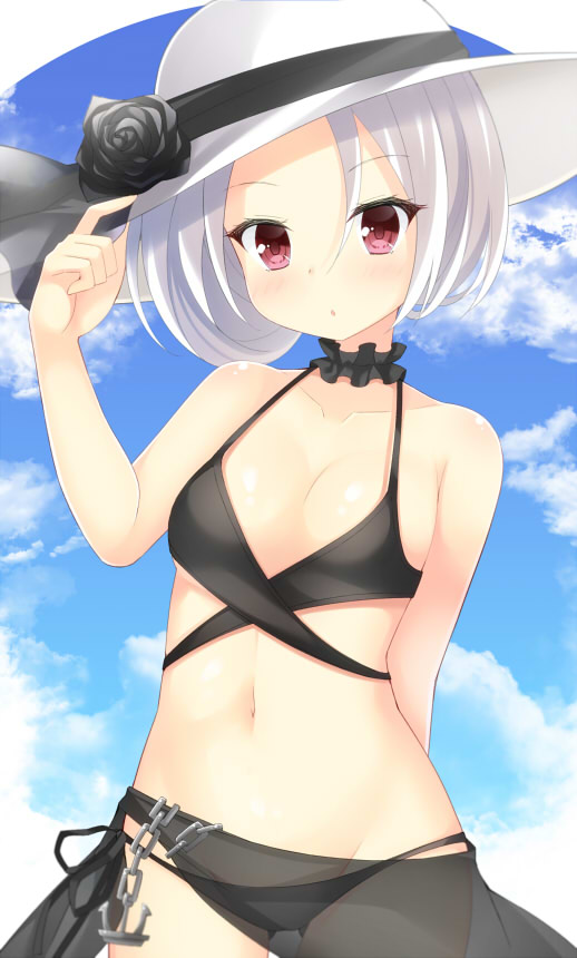 1girl adjusting_clothes adjusting_hat anchor bikini black_bikini chains cowboy_shot gluteal_fold hat looking_at_viewer lowleg lowleg_bikini maccha red_eyes sarong short_hair standing sun_hat swimsuit vittorio_veneto_(zhan_jian_shao_nyu) white_hair white_hat zhan_jian_shao_nyu