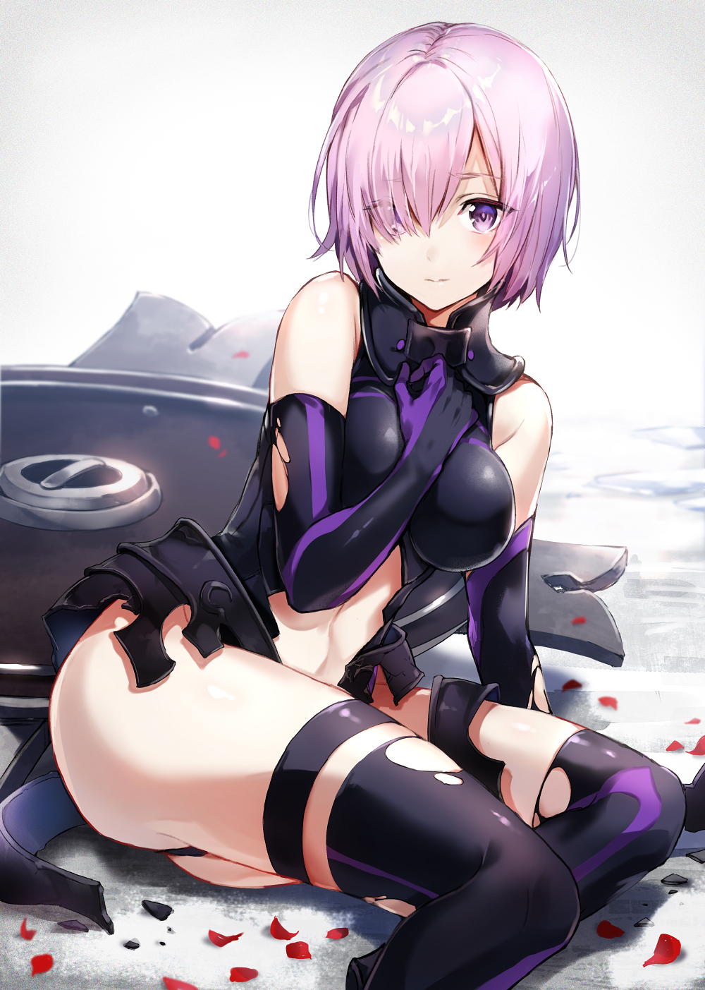 1girl arisaka_ako arm_support ass bangs bare_shoulders between_breasts black_legwear blush breasts broken closed_mouth debris elbow_gloves eyebrows_visible_through_hair eyes_visible_through_hair fate/grand_order fate_(series) faulds gloves gorget hair_over_one_eye hand_between_breasts hand_on_own_chest highres large_breasts looking_at_viewer petals purple_hair shield shielder_(fate/grand_order) short_hair sitting sleeveless solo stomach thigh-highs torn_clothes torn_thighhighs violet_eyes white_background