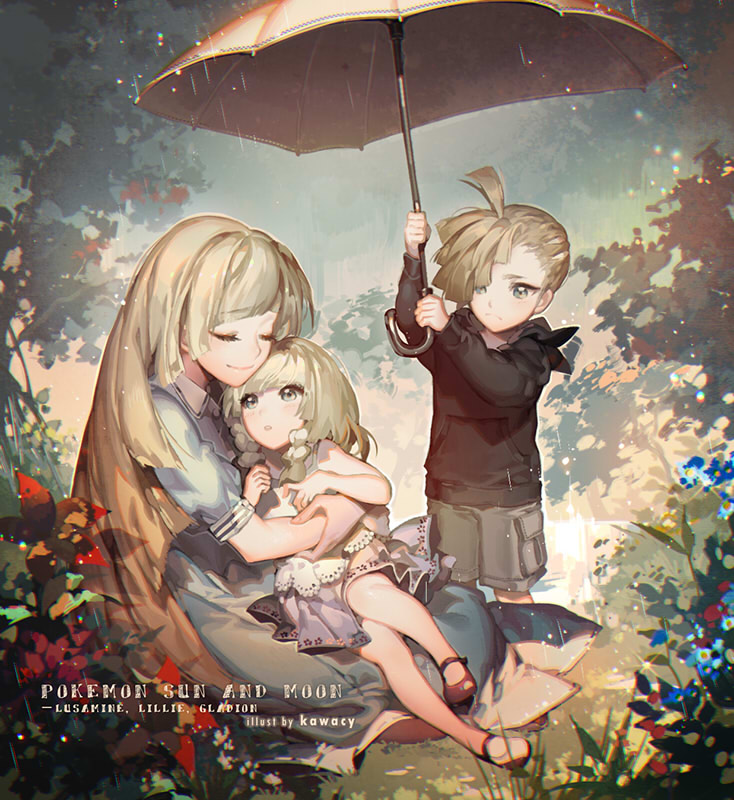 1boy 2girls artist_name asymmetrical_hair bangs blonde_hair blue_dress blunt_bangs blush braid brother_and_sister character_name closed_eyes copyright_name dress family flower gladio_(pokemon) green_eyes hair_over_one_eye holding holding_umbrella hood hoodie kawacy lillie_(pokemon) long_hair long_sleeves lusamine_(pokemon) mary_janes mother_and_daughter mother_and_son multiple_girls no_socks outdoors pokemon pokemon_(game) pokemon_sm rain shoes short_sleeves shorts siblings tree twin_braids umbrella very_long_hair white_dress younger