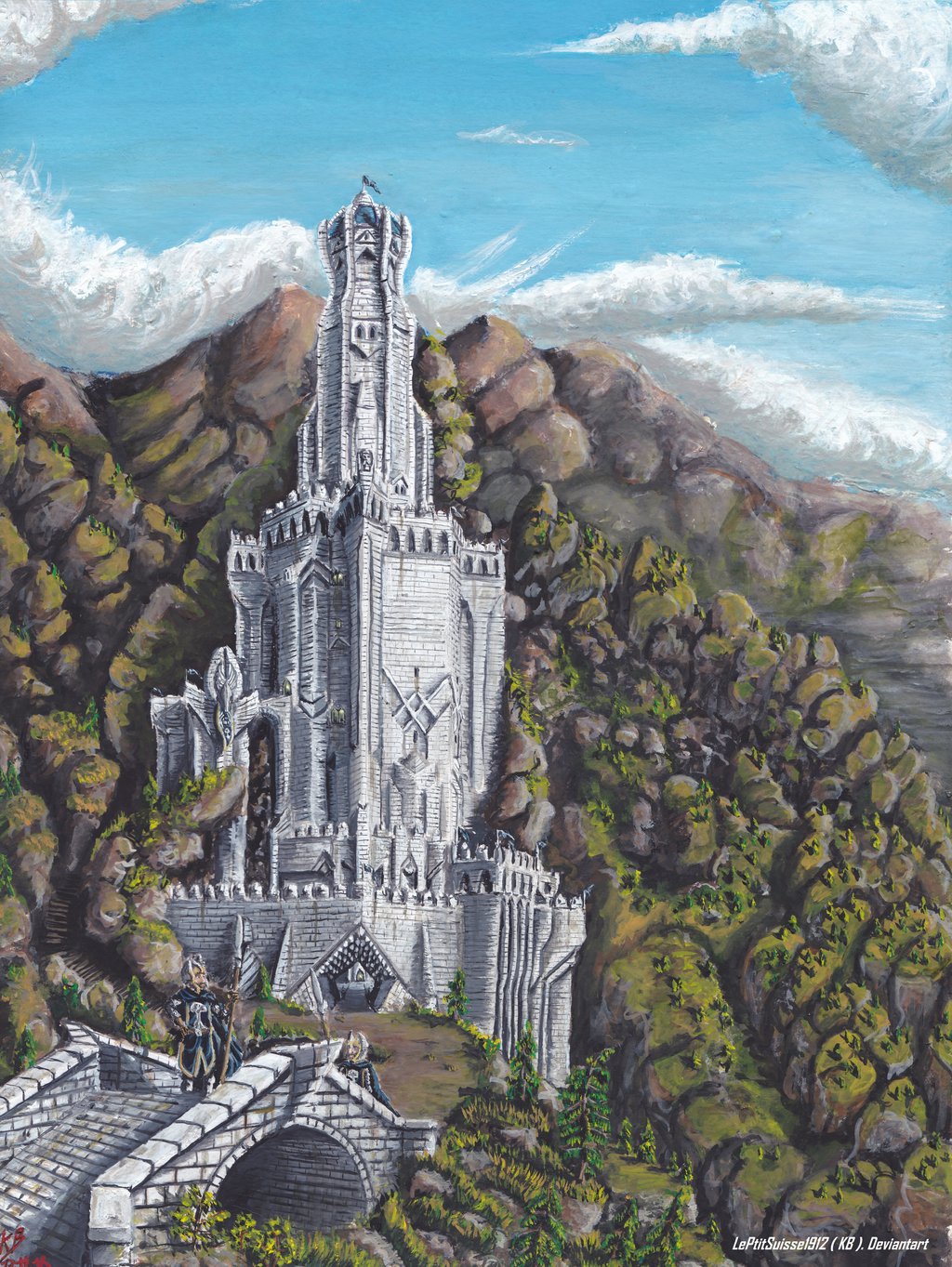 clouds highres lord_of_the_rings painting sky tower tree