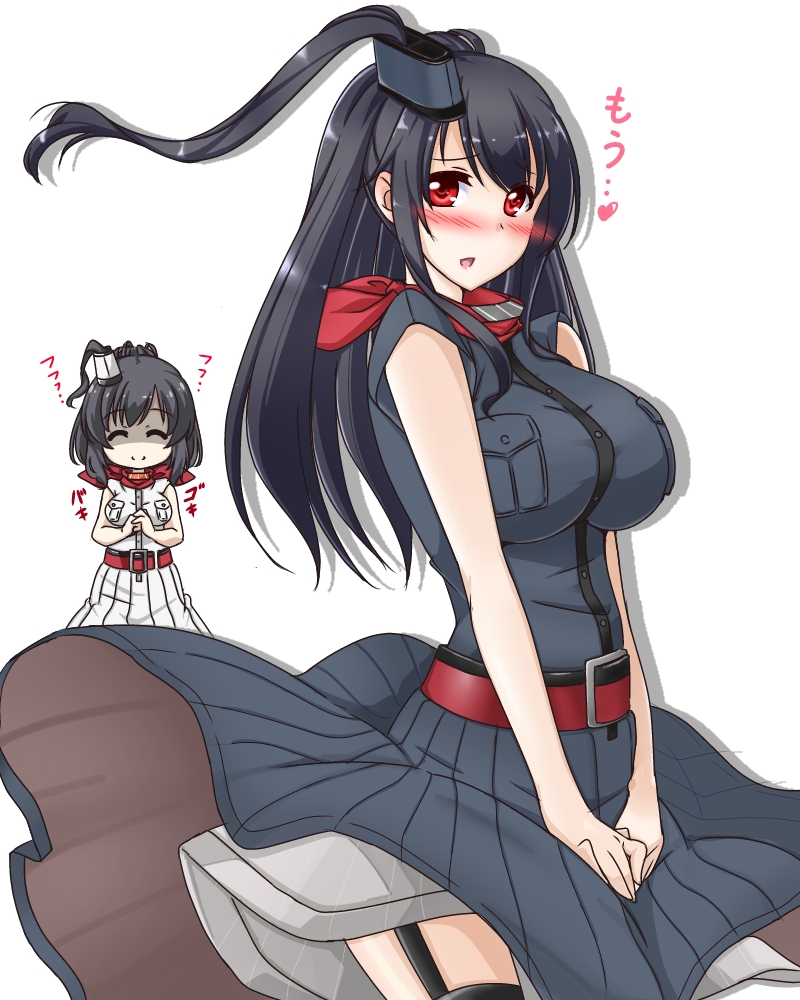 2girls :d ^_^ alternate_costume alternate_hairstyle belt black_hair blush breast_pocket breasts clenched_hand closed_eyes commentary_request cosplay cracking_knuckles dress dress_lift embarrassed eyebrows_visible_through_hair funnel fusou_(kantai_collection) garter_straps hair_ornament kantai_collection kuon_(nokokopopo) large_breasts long_hair looking_at_viewer multiple_girls open_mouth pocket ponytail red_eyes red_neckerchief remodel_(kantai_collection) saratoga_(kantai_collection) saratoga_(kantai_collection)_(cosplay) scarf shaded_face simple_background smile translation_request v_arms white_background wind wind_lift yamashiro_(kantai_collection)