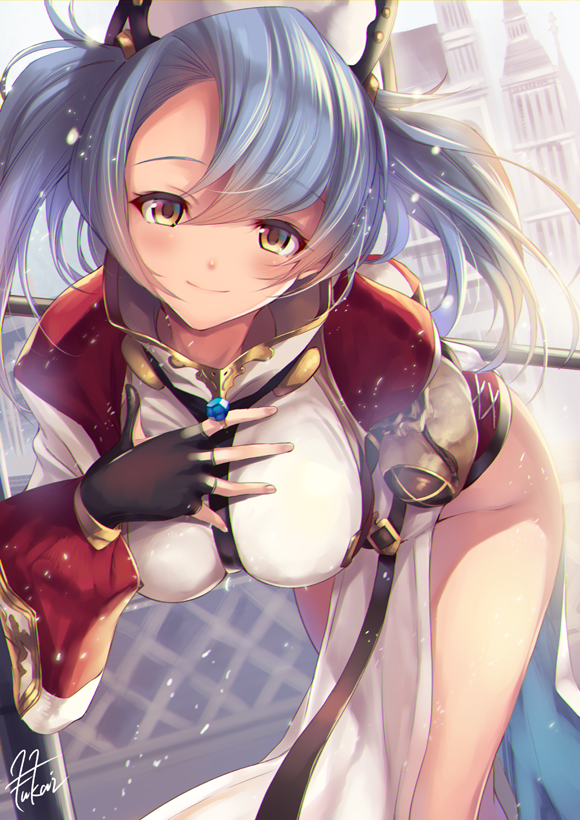 1girl artist_name bent_over black_gloves blue_hair blush breasts brown_eyes chromatic_aberration fingerless_gloves fukai_ryousuke gem gloves granblue_fantasy groin hair_between_eyes hand_on_own_chest hanging_breasts hat jewelry large_breasts long_hair long_sleeves looking_at_viewer pelvic_curtain puffy_long_sleeves puffy_sleeves ring sapphire_(stone) shoulder_pads signature smile solo sophia_(granblue_fantasy) twintails