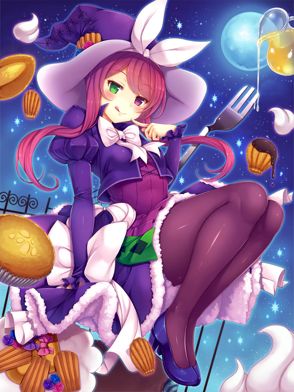 1girl :q arm_at_side bangs black_legwear blue_rose blue_shoes blush bow bowtie breasts cake card chocolate closed_mouth clubs cookie cream cropped_jacket cross-laced_clothes cupcake diamond_(shape) dress dripping duel_monster eyebrows_visible_through_hair eyelashes fence finger_to_mouth floating floating_hair floating_object flower food fork frilled_sleeves frills full_body full_moon fur_trim glowing green_eyes hairband hat hat_flower heterochromia high_heels highres honey jacket juliet_sleeves long_hair long_sleeves looking_at_viewer madolche_magileine moon night night_sky oversized_object pantyhose pink_bow pink_hair pink_rose playing_card pouring puffy_sleeves purple_hair purple_hat purple_jacket purple_rose purple_skirt ribbon rose shiny shiny_clothes shoes skirt skirt_set sky small_breasts snowcanvas solo star_(sky) starry_sky swept_bangs tongue tongue_out transparent violet_eyes white_bow white_bowtie white_ribbon witch_hat yu-gi-oh!