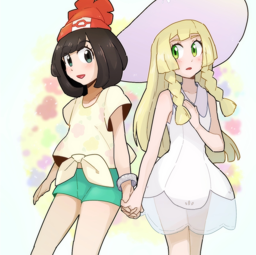 2girls :d :o aqua_eyes bangs bare_arms black_hair blonde_hair blunt_bangs blush bracelet braid chiimako collarbone collared_dress dress eyebrows_visible_through_hair eyes_visible_through_hair female_protagonist_(pokemon_sm) floral_print green_eyes green_shorts hand_holding hat jewelry lillie_(pokemon) long_hair looking_at_another multiple_girls open_mouth pokemon pokemon_(game) pokemon_sm see-through shirt shorts sleeveless sleeveless_dress smile standing sun_hat sundress twin_braids white_dress white_hat yellow_shirt z-ring