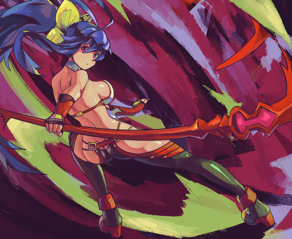 1girl :o antenna_hair armpits ass back backless_outfit bangs bare_arms bare_shoulders behind_back black_pants blazblue blazblue:_central_fiction blazblue_variable_heart blue_hair boots bow breasts butt_crack female fingerless_gloves from_behind full_body genderswap genderswap_(mtf) gloves hair_between_eyes hair_bow halter_top halterneck high_heel_boots high_heels holding holding_weapon large_breasts long_hair lowleg lowleg_pants mai_natsume no_bra no_panties open_mouth outseal pants polearm ponytail profile quentin_lecuiller red_gloves revealing_clothes ribbon sideboob sidelocks solo spear standing thighs tight tight_pants very_long_hair violet_eyes weapon yellow_bow
