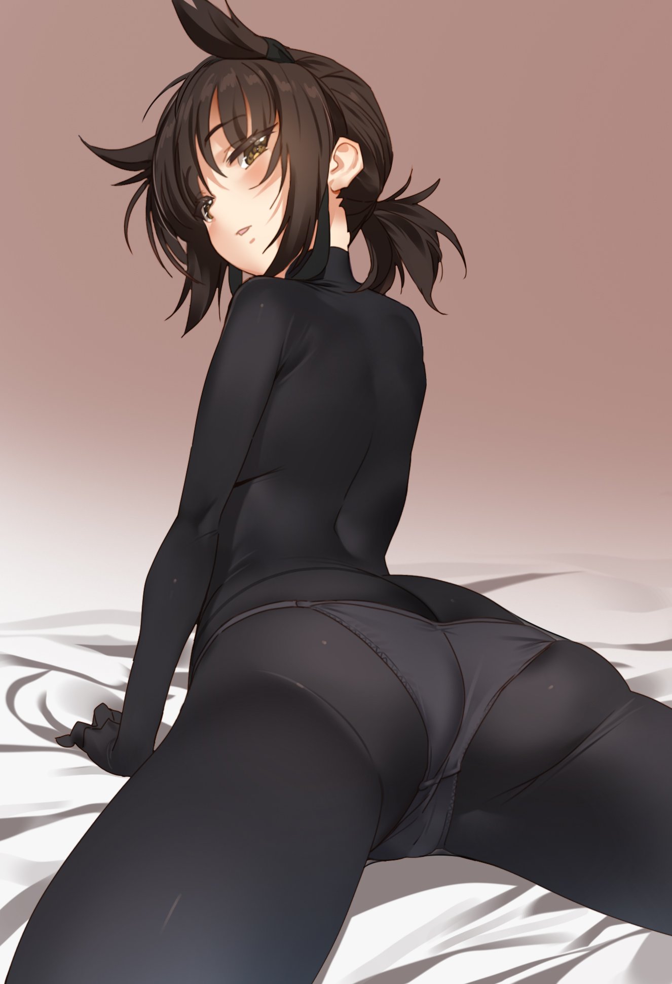 1girl arm_support ass back black_hair bodysuit brown_hair from_behind hair_flaps hatsuzuki_(kantai_collection) highres kantai_collection liquify looking_at_viewer looking_back open_mouth panties short_hair short_ponytail skin_tight solo spread_legs underwear yellow_eyes