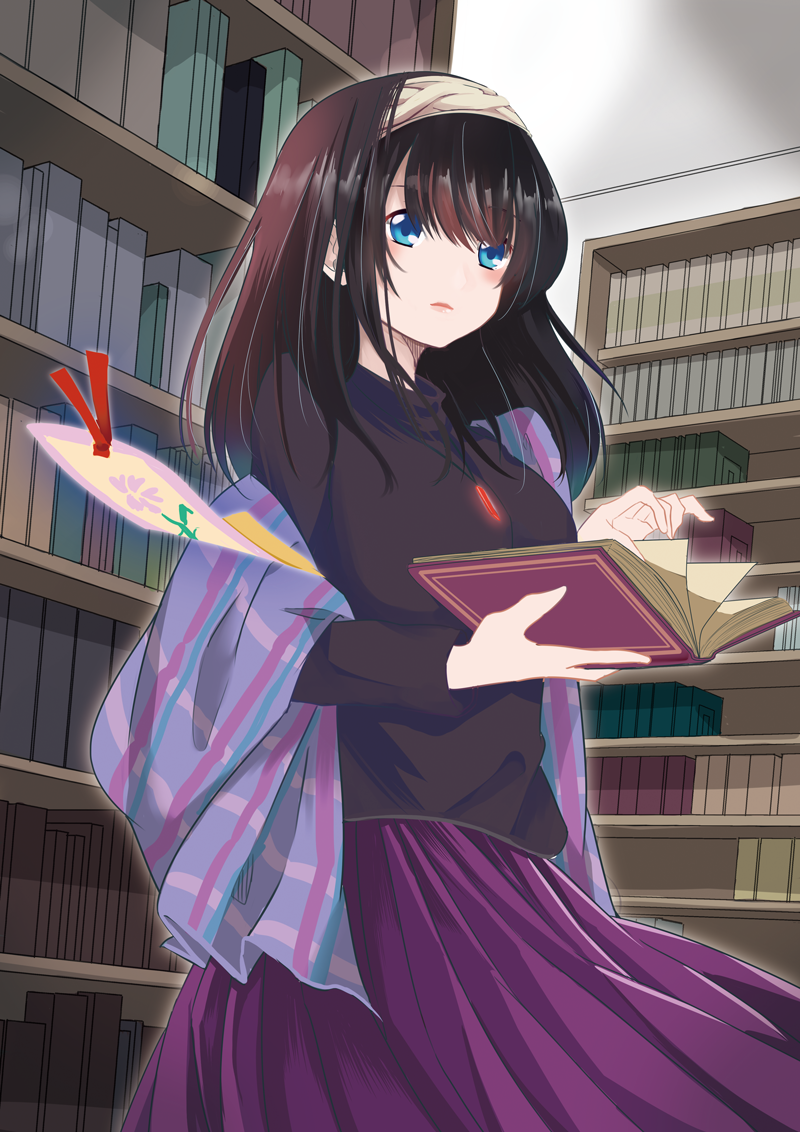 1girl black_hair blue_eyes blush book bookmark breasts commentary_request hair_between_eyes hairband holding holding_book idolmaster idolmaster_cinderella_girls jewelry kelu. library long_hair long_sleeves looking_at_viewer necklace open_book pendant ribbed_sweater sagisawa_fumika shawl skirt smile solo sweater