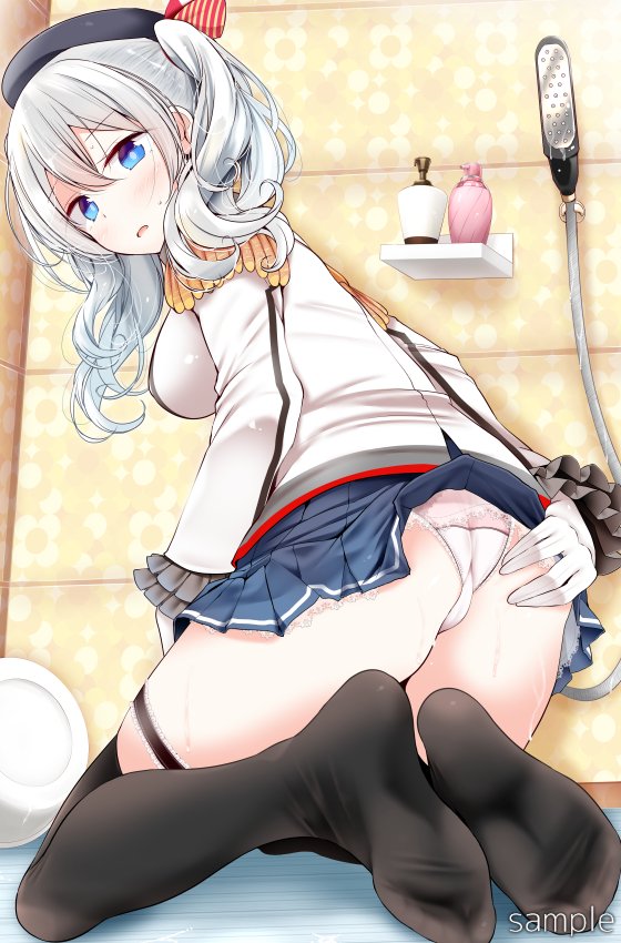 1girl bare_legs bathroom beret black_legwear blue_eyes blush breasts embarrassed epaulettes eyebrows_visible_through_hair feet frilled_sleeves frills from_below gloves hair_between_eyes hand_on_ass hat kantai_collection kashima_(kantai_collection) kerchief kneeling large_breasts legs long_hair looking_at_viewer looking_down military military_uniform miniskirt no_shoes oouso_(usotsukiya) open_mouth panties pleated_skirt shampoo_bottle shower shower_head silver_hair skirt skirt_lift smile soles solo thigh-highs thighs tied_hair twintails underwear uniform wavy_hair white_gloves white_panties