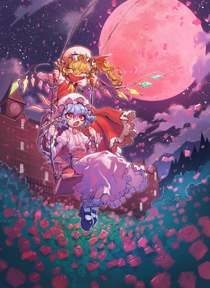 2girls :o artist_name black_shoes blonde_hair brooch clock closed_eyes crystal dress eyebrows_visible_through_hair fang flandre_scarlet flower frilled_dress frilled_sleeves frills full_moon hat hat_ribbon jewelry kazeto lavender_hair looking_up mary_janes mob_cap moon multiple_girls night no_wings open_mouth petals pink_dress pink_hat pointy_ears puffy_short_sleeves puffy_sleeves red_eyes red_moon red_ribbon red_rose red_shoes red_skirt red_vest remilia_scarlet ribbon rose sash scarlet_devil_mansion shirt shoes short_hair short_sleeves siblings side_ponytail sisters sitting skirt skirt_set socks standing_on_swing swing touhou vest white_legwear white_shirt wings wrist_cuffs yellow_ascot