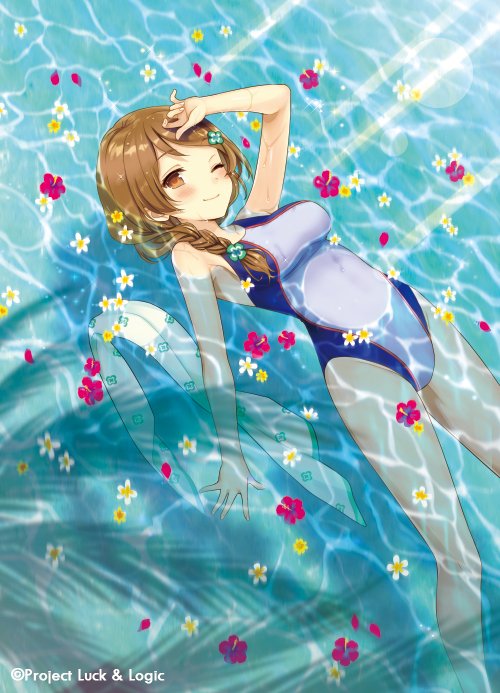1girl ;) afloat arm_up armpits barefoot blush braid closed_mouth clover clover_hair_ornament competition_swimsuit copyright_name day flower four-leaf_clover groin hair_ornament hair_over_shoulder hand_on_own_head hibiscus long_hair looking_at_viewer luck_&amp;_logic lying nanahoshi_yukari ocean official_art one-piece_swimsuit one_eye_closed outdoors partially_submerged pool red_flower shadow shiny shiny_hair single_braid skin_tight smile solo sunlight swimsuit towel tree_shade water water_surface watermark wet wet_clothes wet_swimsuit white_flower yuuki_rika