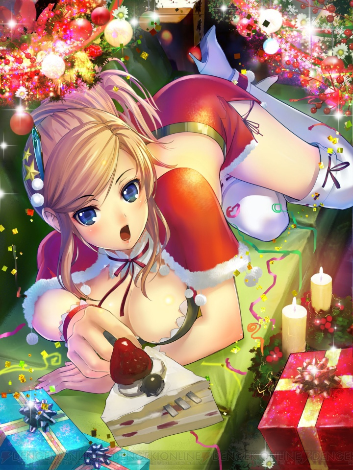 1girl artist_request blue_eyes boots box breasts brown_hair cake cleavage food gift gift_box large_breasts long_hair looking_at_viewer lying momose_hisashi on_stomach open_mouth ramona_linton red_ribbon red_skirt ribbon santa_costume senjou_no_valkyria senjou_no_valkyria_1 skirt solo thigh-highs thigh_boots white_boots